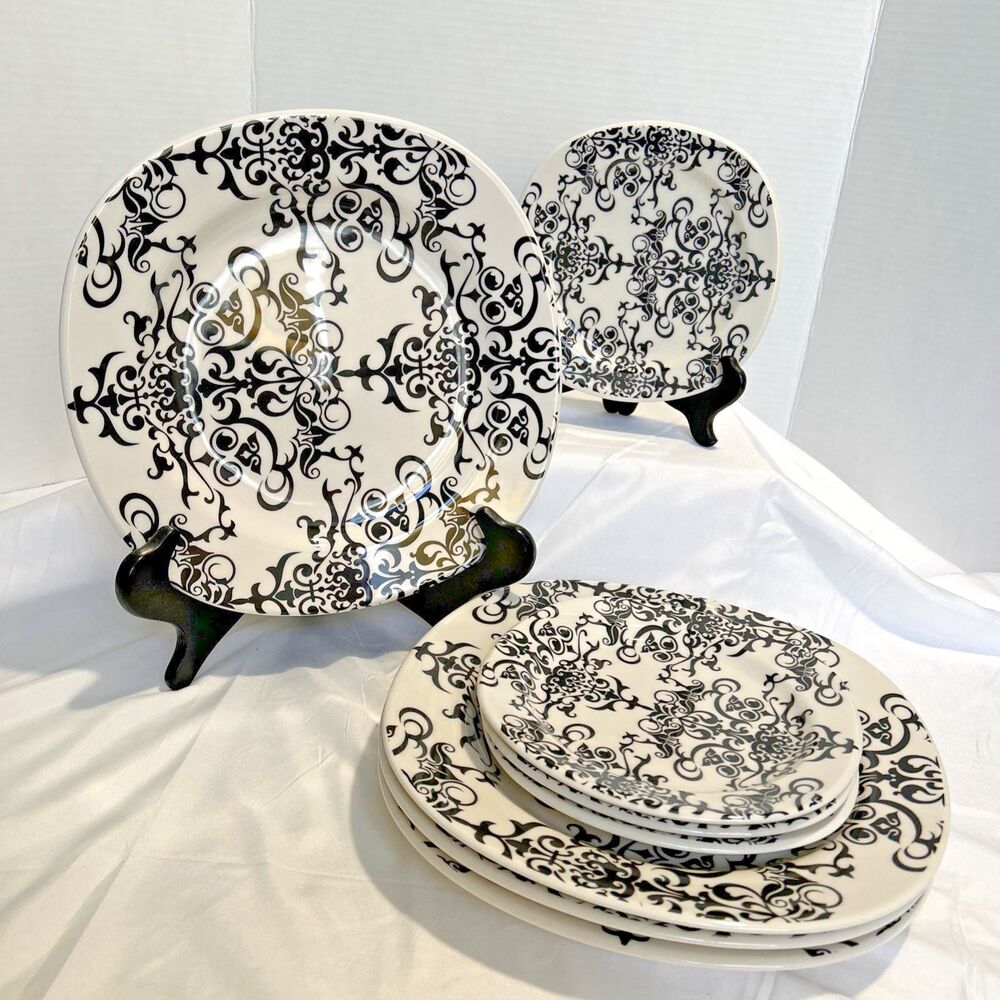 Pottery Barn Versailles Black White Chandelier Lace Plates 8pc Set - 4 Din 4 Sal